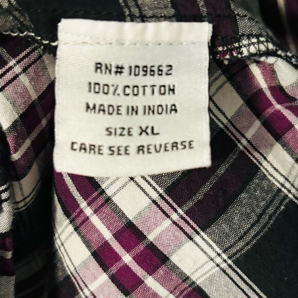 Tulip plaid cotton asymmetrical flounce back black purple white button up tunic - Picture 10 of 11